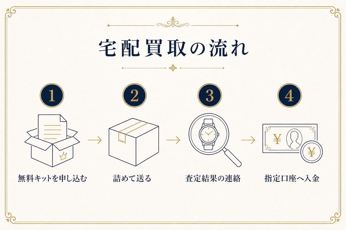 宅配買取の流れ4ステップ: 無料キット申込、詰めて送る、査定結果の連絡、指定口座へ入金